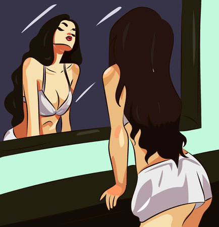 Portrait of girl looking in the mirror on herself reflection, vector illustration.のイラスト素材