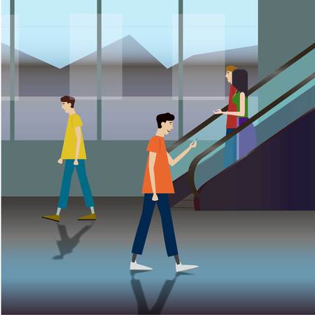People Passengers Airport Hall Departure Terminal or Shopping Mall Interior Moving Staircase Flat Vector Illustration, Posterのイラスト素材