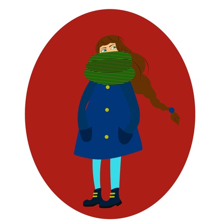 Cute girl wearing big striped scarf and coat portrait.のイラスト素材