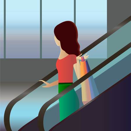 Girl with bags going down by escalator in shopping mallのイラスト素材