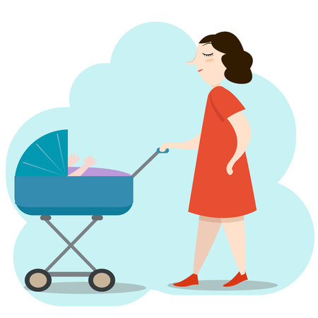 Beautiful young mother in red dress walking with her newborn baby in a blue pram colorful vector illustrationのイラスト素材