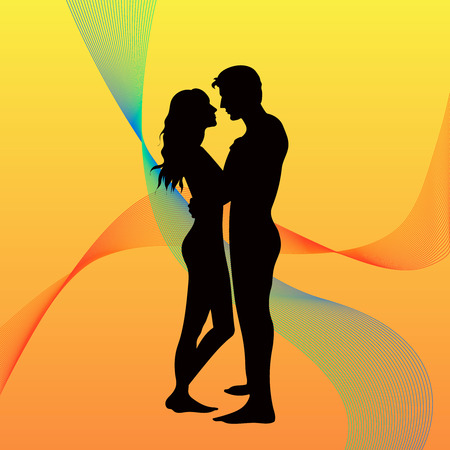 Landscape of couple silhouettes man and woman in a sunset, vector Valentine cardのイラスト素材