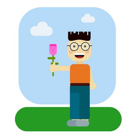 Cartoon Smiling boy holding flowersのイラスト素材