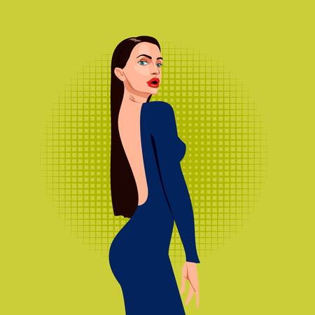 Beautiful woman with long hair and red lips in open evening dress from the back,vectorのイラスト素材