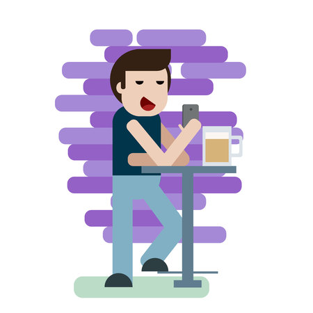 Man sitting in the bar and looking at phone, with a beer in front ofのイラスト素材