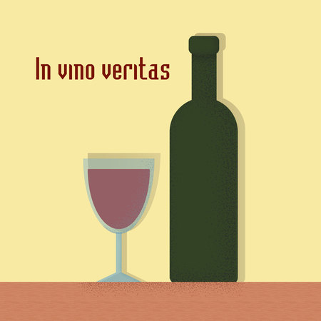 Trendy style hipster vector illustration, typographic poster with bottle of wine and a glass quote. In vino veritas. Vintage print design, home decoration, greeting card.のイラスト素材