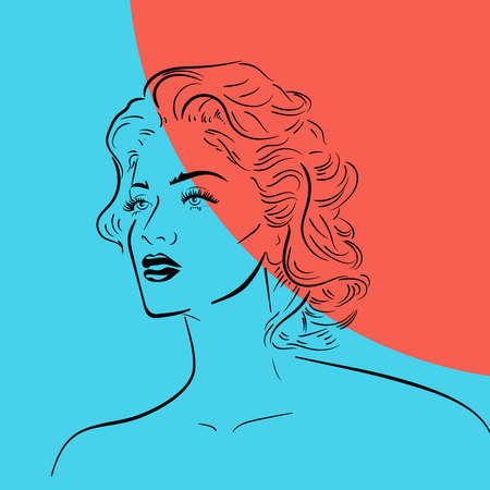 Beautiful woman face in contour on blue-red background, vector hairstyle promo bannerのイラスト素材