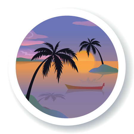 Tropical sea landscape, black silhouettes islands with palm trees , clouds, sky with clouds, sun and wooden boat. Vector travel sign or bannerのイラスト素材