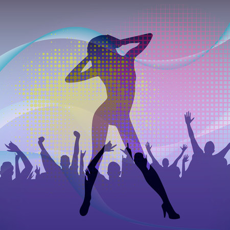 The dancing girl silhouette in a nightclub with dancing crowd background. Vector illustration, poster or flyer design template for disco partyのイラスト素材
