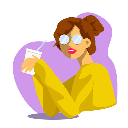 Vector creative cartoon illustration. Cute young woman drinks soda or molkshake at the office. Girl in glasses.のイラスト素材