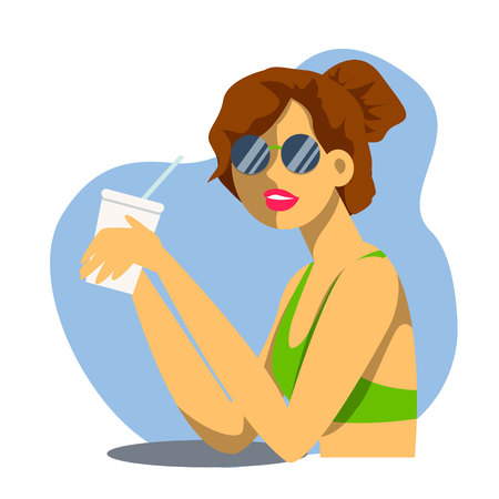 Vector creative cartoon illustration. Cute young woman drinks soda, cocktail or milkshake at the beach bar. Girl in glasses.のイラスト素材