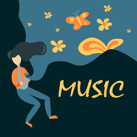 Saxophone Player Vector Illustration In Primitive Cartoon Childish Style Isolated On Floral Backgroundのイラスト素材