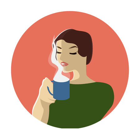 Fashion woman witn cup of coffee or tea. Pop art illustrationのイラスト素材