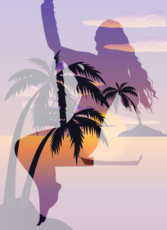 Double exposure beautiful girl on a swing and tropical beach with palms, ocean and island, vector posterのイラスト素材