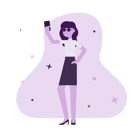 Vector illustration of a woman holding smartphone and making selfie, modern flat styleのイラスト素材