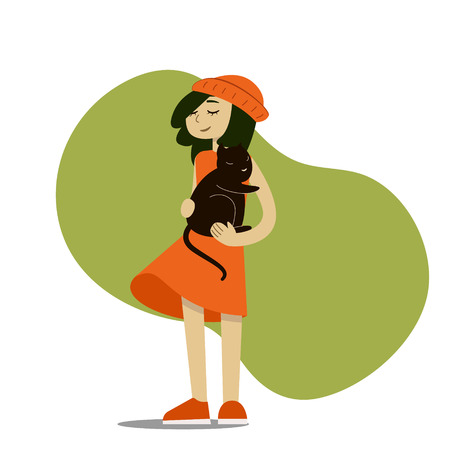 cute girl wearing hat and dress with cat on her handsのイラスト素材