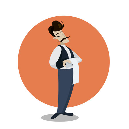 Waiter with mustache serving. Vector flat illustrationのイラスト素材