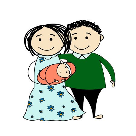 Funny sketch of a happy family with little babyのイラスト素材
