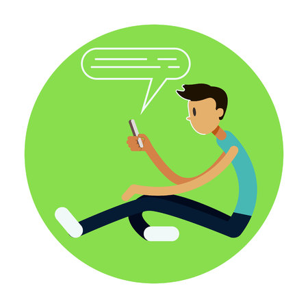 Teen Boy Vector. Young Teen Boy Smiling. Teens Chatting On Messenger or Texting SMS. Flat Cartoon Illustrationのイラスト素材