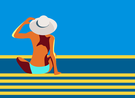 a vector retro poster with a girl in a big hat sitting on the pool or beach. A woman from the back back looking at the seaのイラスト素材
