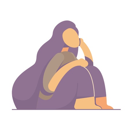 Vector illustration of beautiful young girl sitting on grass. Flat design of university students.のイラスト素材