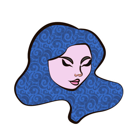 Pretty girl with wind in her curly hair and ornate tattoo. Female portrait, hippie character. Free summer spirit. Vector isolated illustration. Fantasy, beauty, boho style stickers, coloring books.のイラスト素材