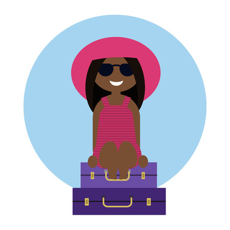 Cute tanned girl sitting on the suitcases, travel conceptのイラスト素材