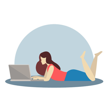Illustration silhouette relaxing girl, lying and working on laptop,のイラスト素材