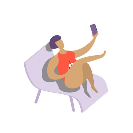 Summer vacation. Leisure on tropical sunny seaside. Woman with bob haircut making selfie on chaise-longue at beach in tropical country.のイラスト素材