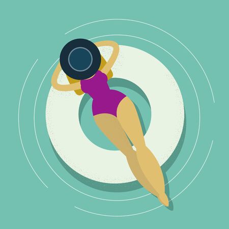 a young Caucasian woman wearing red swimming suit and yellow hat is sunbathing on a white rubber ringのイラスト素材