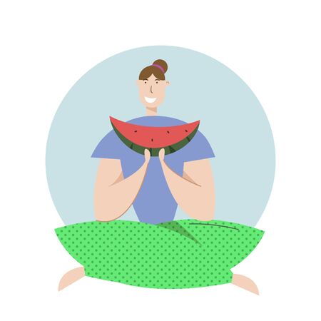 Happy Woman Eat Watermelon on Picnic. Female Character Relaxing on Nature Landscape. Vector Flat illustrationのイラスト素材