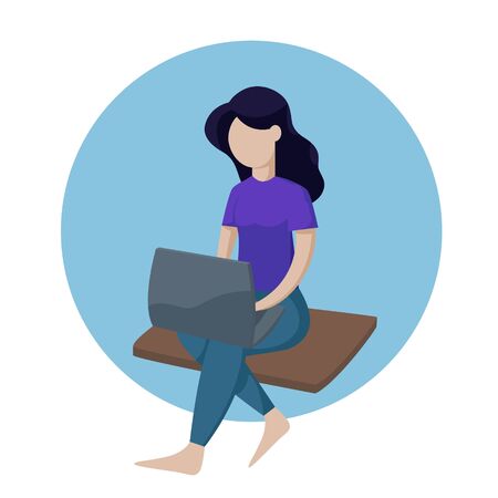 Isometric girl with a laptop sitting. Isometric vector isolated illustration.のイラスト素材