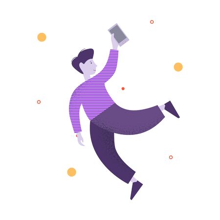 Boy is the winner. Superstar. Jumps up and shows the phone screenのイラスト素材