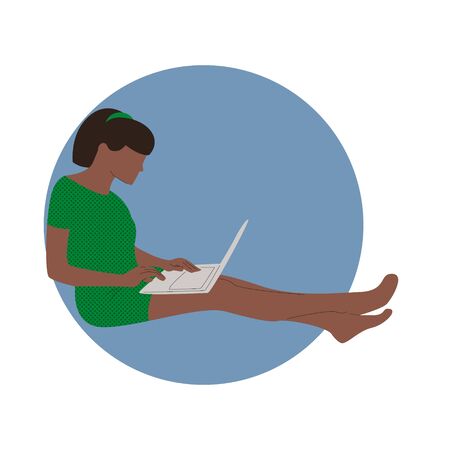 Freelance work concept with sitting girl and laptop, book, messages. Work at home, home office, remote work concept flat style vector illustration. Cute freelancer or student isolatedのイラスト素材