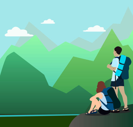 Man and woman walking on a mountain trail and looking at a horizonのイラスト素材
