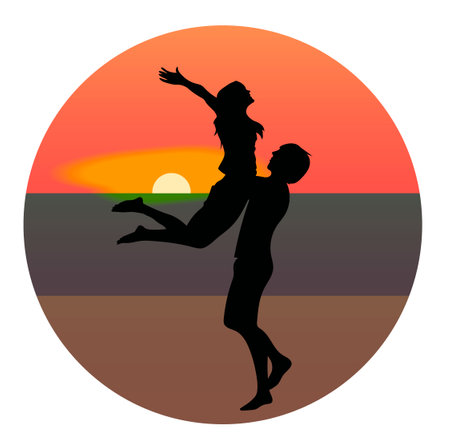 Silhouettes of a man holding a woman. On the background sunset and stars over the sea.のイラスト素材