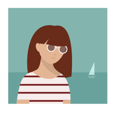summer time woman beach boat sand sea palm tree vector illustrationのイラスト素材