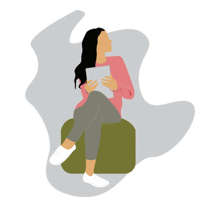 The girl is sitting on an ottoman with a tabletのイラスト素材
