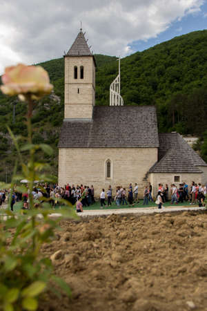 Jajce-Podmilacje, Bosnia and Herzegovina - June 23, 2015: Pilgrims on traditional religious event St. Ivo Sveti Ivo in church in Central Bosnia.のeditorial素材