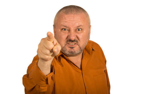 An angry man with beard pointing finger at you