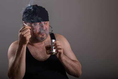 Pirate in black shirt drinking alcoholの写真素材