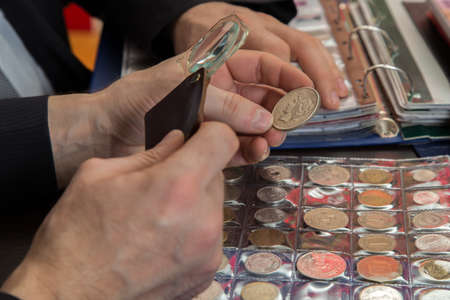 Two numismatists examines  collection of coinの写真素材