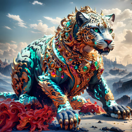 3D rendering of a tiger in a fantasy landscape with clouds.の素材
