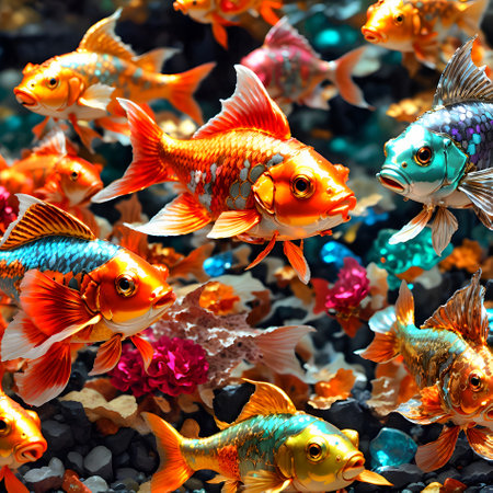 Colorful goldfish in aquarium. Fish background. close upの素材
