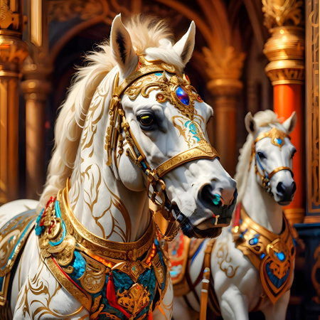 White horse with golden ornament on the background of the interior of the Russian circusの素材