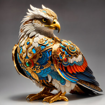 3d illustration of a golden eagle on a gray background with reflectionの素材