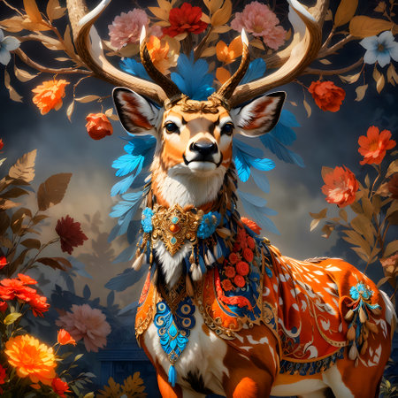 Deer in the autumn forest with flowers and leaves. 3d illustrationの素材