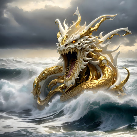 Dragon in stormy sea. 3D rendering. Computer digital drawing.の素材