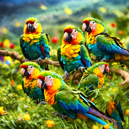 Colorful macaws sitting on a branch in a meadow.の素材