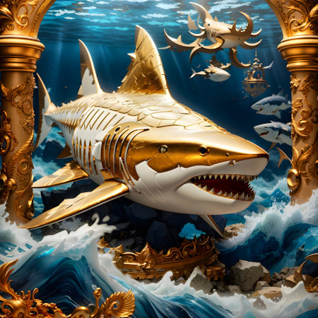 3D Illustration of a shark in a fantasy world with golden elementsの素材